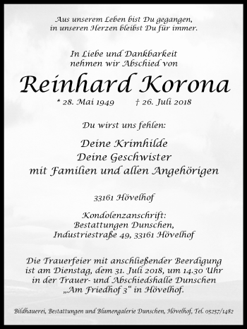 Traueranzeige von Reinhard Korona von Westfalen-Blatt
