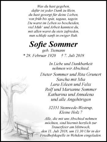 Traueranzeige von Sofie Sommer von Westfalen-Blatt
