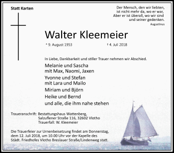 Traueranzeige von Walter Kleemeier von Westfalen-Blatt