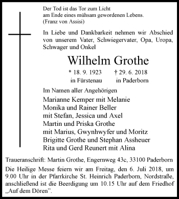 Traueranzeige von Wilhelm Grothe von Westfalen-Blatt