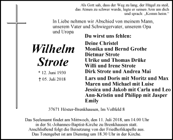 Traueranzeige von Wilhelm Strote von Westfalen-Blatt