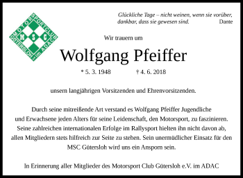 Traueranzeige von Wolfgang Pfeiffer von Westfalen-Blatt