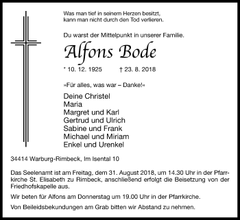 Traueranzeige von Alfons Bode von Westfalen-Blatt