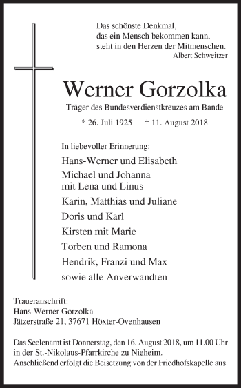 Traueranzeige von Werner Gorzolka von Westfalen-Blatt