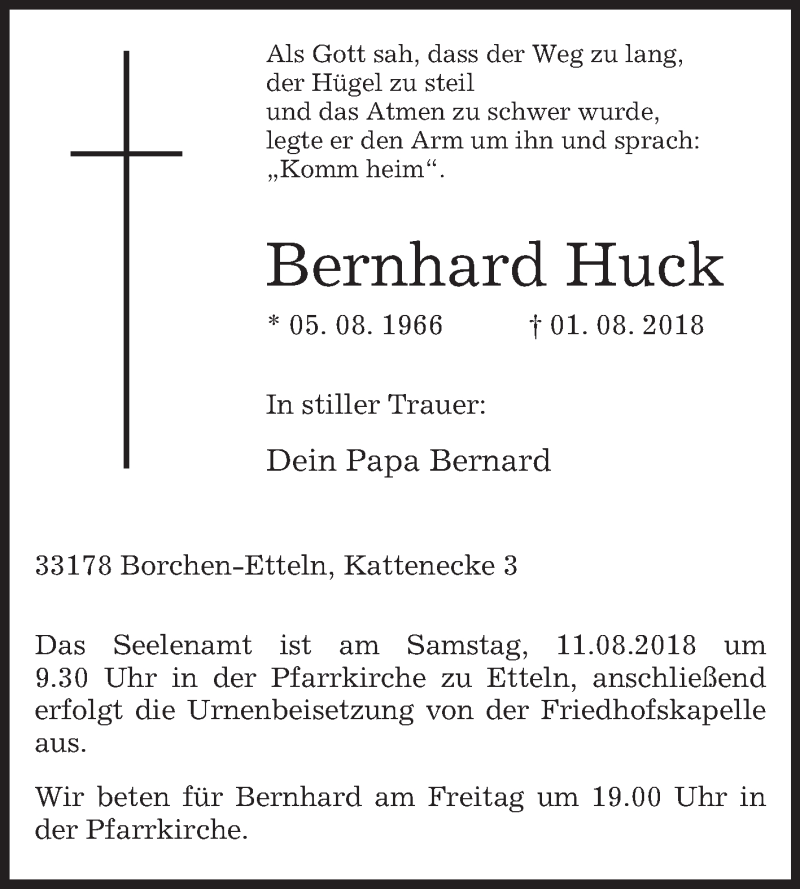  Traueranzeige für Bernhard Huck vom 04.08.2018 aus Westfalen-Blatt