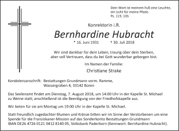 Traueranzeige von Bernhardine Hubracht von Westfalen-Blatt