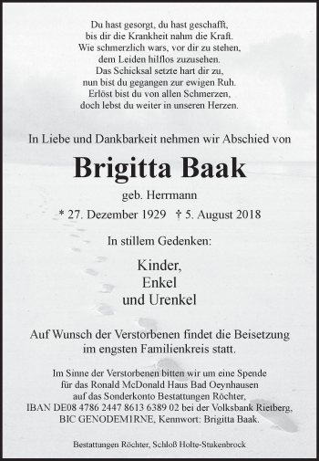 Traueranzeige von Brigitta Baak von Westfalen-Blatt