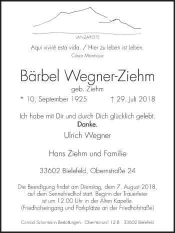 Traueranzeige von Bärbel Wegner-Ziehm von Westfalen-Blatt