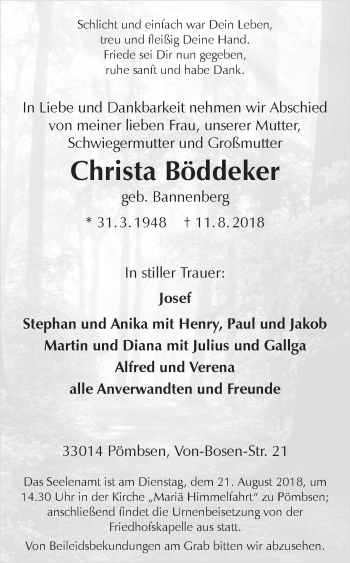 Traueranzeige von Christa Böddeker von Westfalen-Blatt