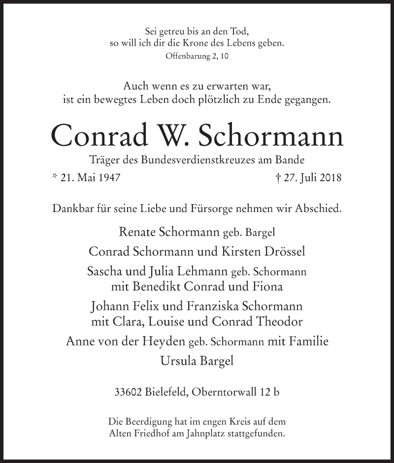 Traueranzeige für Conrad W. Schormann vom 04.08.2018 aus Westfalen-Blatt
