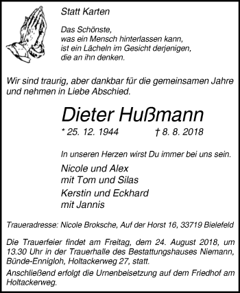 Traueranzeige von Dieter Hußmann von Westfalen-Blatt