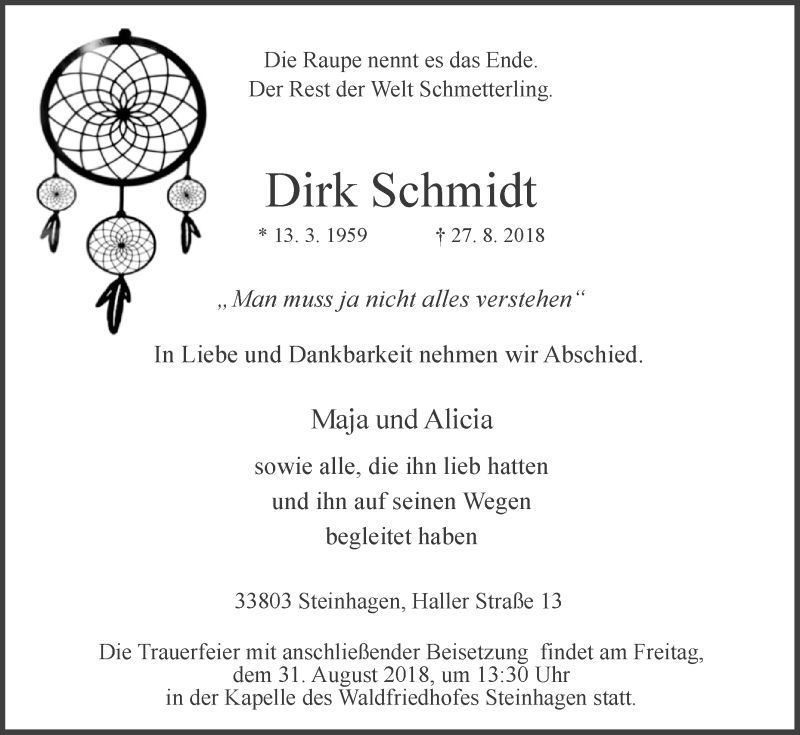  Traueranzeige für Dirk Schmidt vom 29.08.2018 aus Westfalen-Blatt