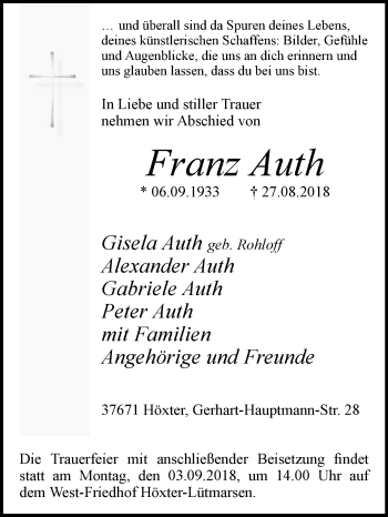 Traueranzeige von Franz Auth von Westfalen-Blatt