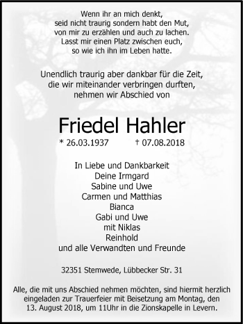 Traueranzeige von Friedel Hahler von Westfalen-Blatt