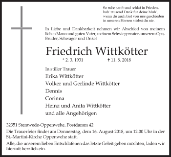Traueranzeige von Friedrich Wittkötter von Westfalen-Blatt
