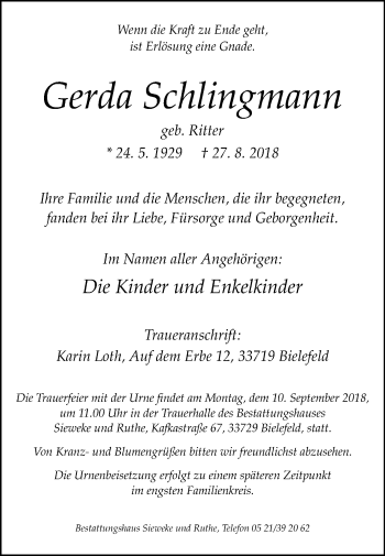 Traueranzeige von Gerda Schlingmann von Westfalen-Blatt