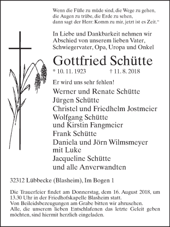 Traueranzeige von Gottfried Schütte von Westfalen-Blatt