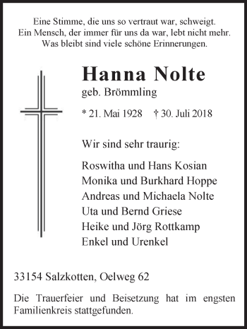 Traueranzeige von Hanna Nolte von Westfalen-Blatt
