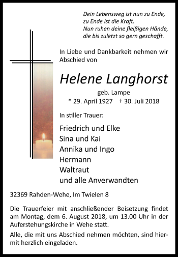 Traueranzeige von Helene Langhorst von Westfalen-Blatt
