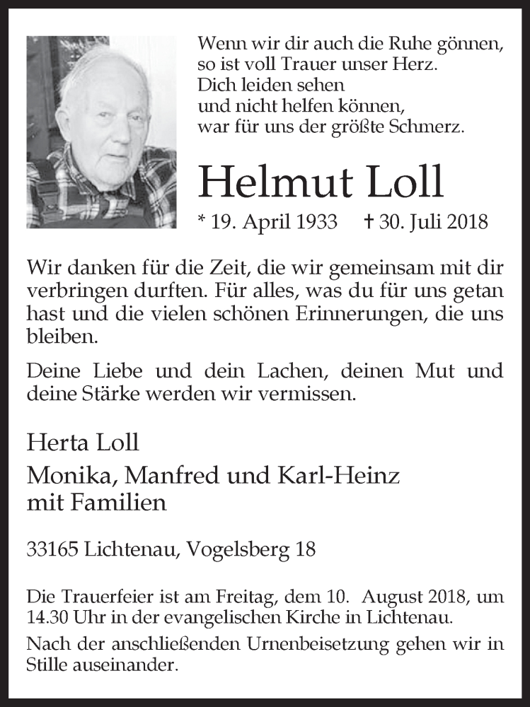  Traueranzeige für Helmut Loll vom 04.08.2018 aus Westfalen-Blatt
