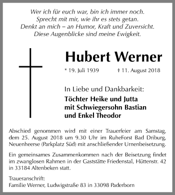 Traueranzeige von Hubert Werner von Westfalen-Blatt
