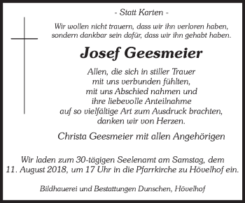 Traueranzeige von Josef Geesmeier von Westfalen-Blatt