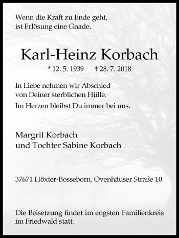Traueranzeige von Karl-Heinz Korbach von Westfalen-Blatt
