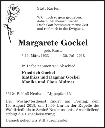 Traueranzeige von Margarete Gockel von Westfalen-Blatt