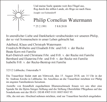 Traueranzeige von Philip Cornelius Watermann von Westfalen-Blatt