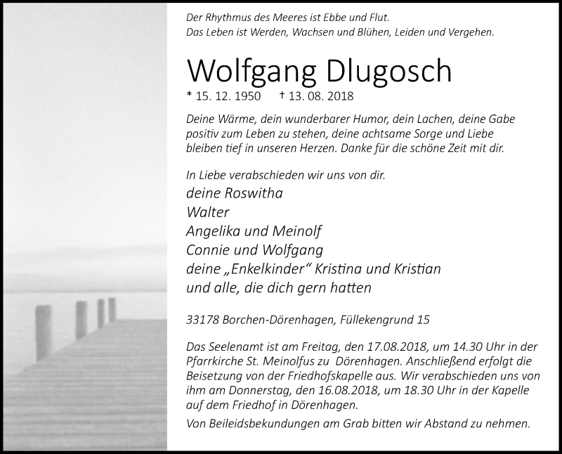  Traueranzeige für Wolfgang Dlugosch vom 15.08.2018 aus Westfalen-Blatt