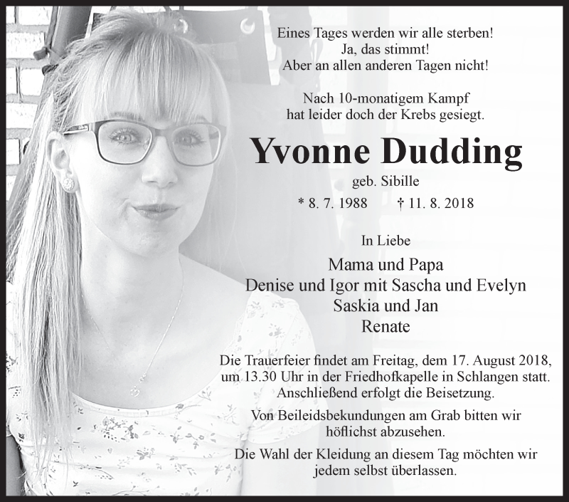  Traueranzeige für Yvonne Dudding vom 14.08.2018 aus Westfalen-Blatt