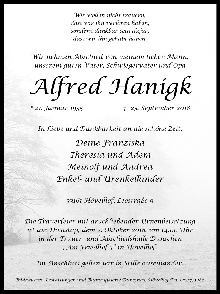  Traueranzeige für Alfred Hanigk vom 27.09.2018 aus Westfalen-Blatt