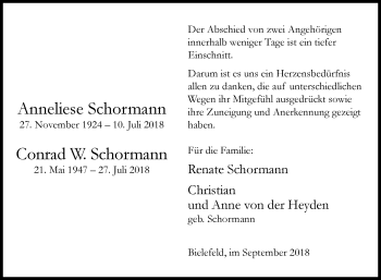 Traueranzeige von Anneliese und Conrad Schormann von Westfalen-Blatt