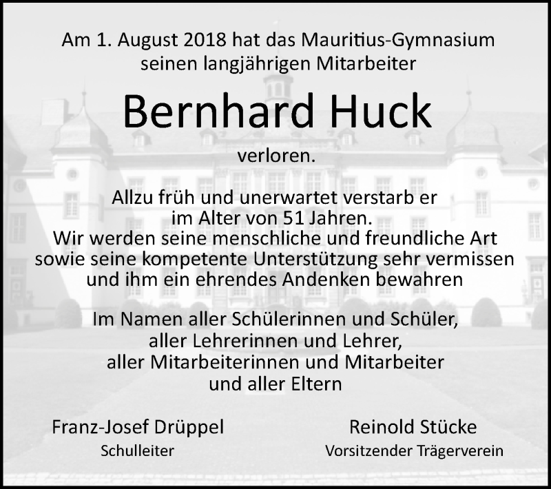  Traueranzeige für Bernhard Huck vom 05.09.2018 aus Westfalen-Blatt