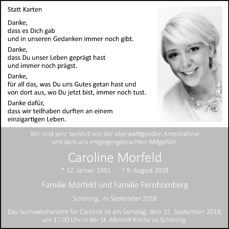  Traueranzeige für Caroline Morfeld vom 15.09.2018 aus Westfalen-Blatt