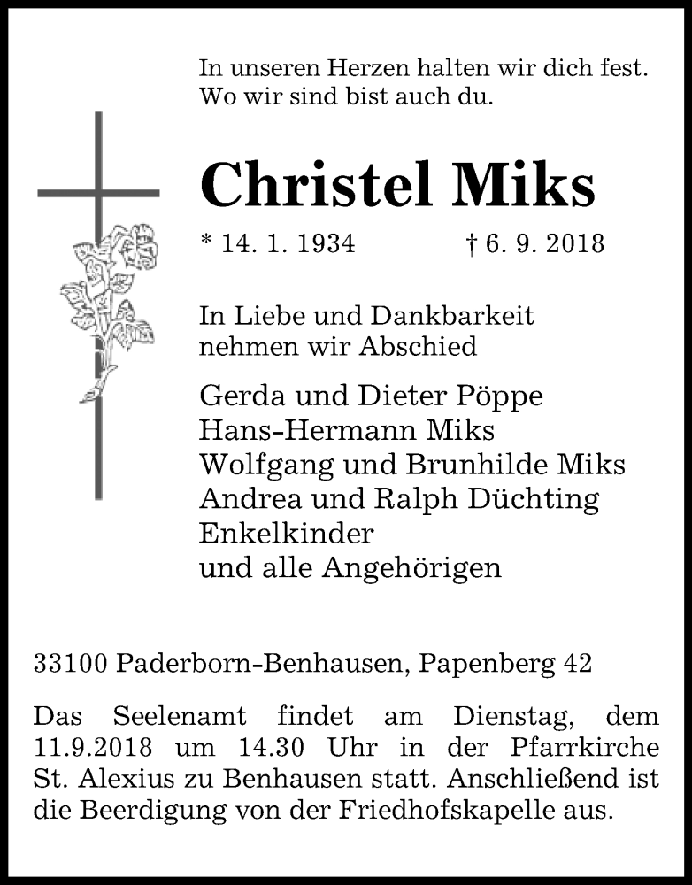  Traueranzeige für Christel Miks vom 08.09.2018 aus Westfalen-Blatt