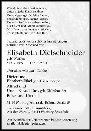 Traueranzeige von Elisabeth Dielschneider von Westfalen-Blatt