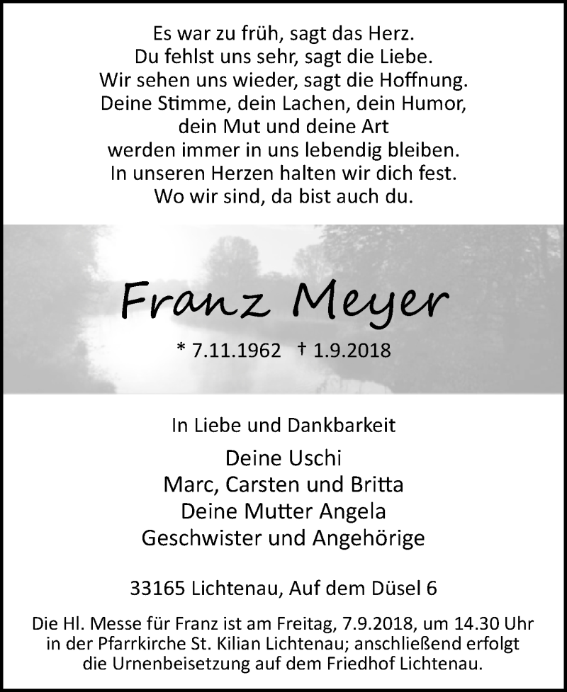  Traueranzeige für Franz Meyer vom 05.09.2018 aus Westfalen-Blatt
