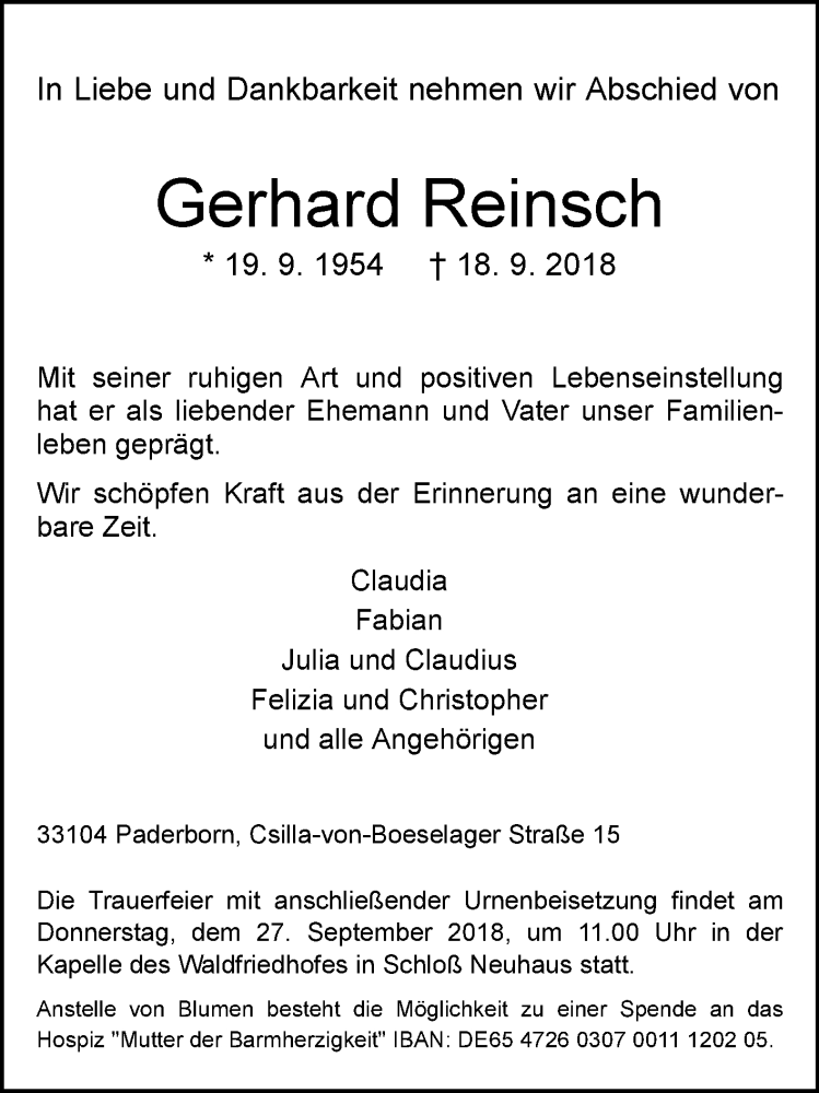  Traueranzeige für Gerhard Reinsch vom 21.09.2018 aus Westfalen-Blatt