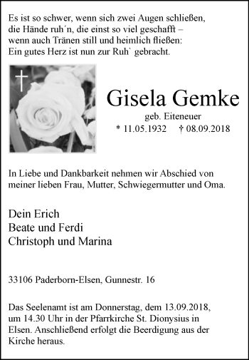 Traueranzeige von Gisela Gemke von Westfalen-Blatt