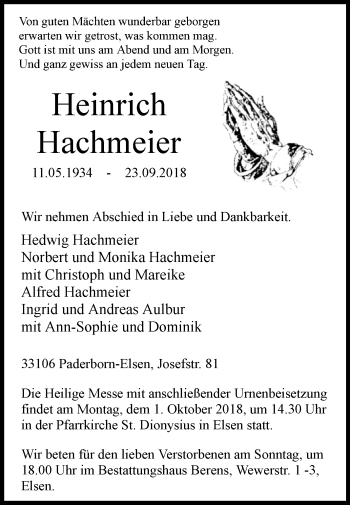 Traueranzeige von Heinrich Hachmeier von Westfalen-Blatt