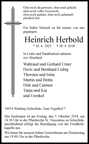 Traueranzeige von Heinrich Herbold von Westfalen-Blatt
