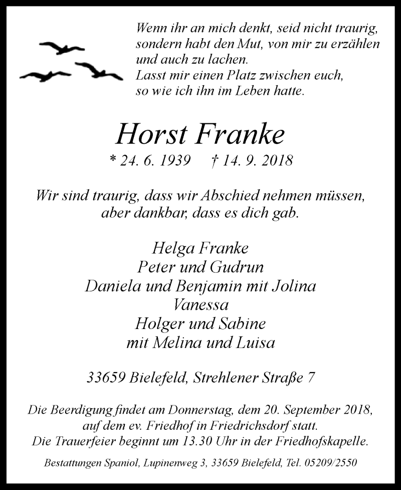  Traueranzeige für Horst Franke vom 17.09.2018 aus Westfalen-Blatt