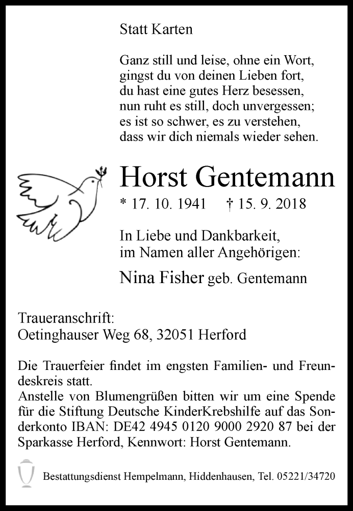  Traueranzeige für Horst Gentemann vom 18.09.2018 aus Westfalen-Blatt