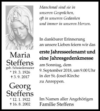Traueranzeige von Maria und Georg Steffens von Westfalen-Blatt