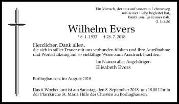Traueranzeige von Wilhelm Evers von Westfalen-Blatt
