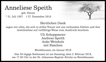 Traueranzeige von Anneliese Speith von Westfalen-Blatt