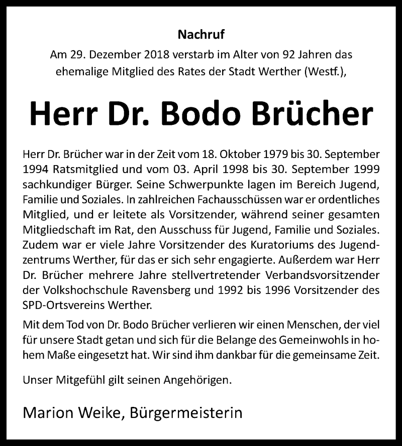  Traueranzeige für Bodo Brücher vom 05.01.2019 aus Westfalen-Blatt