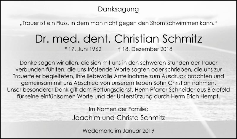  Traueranzeige für Christian Schmitz vom 12.01.2019 aus Westfalen-Blatt