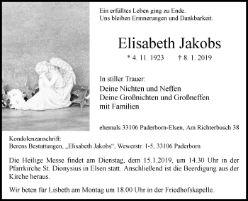Traueranzeige von Elisabeth Jakobs von Westfalen-Blatt